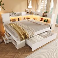 Sofa-lova 140x200 cm Balta Dvigulė svečių lova, Medžio pagrindo, LED apšvietimas, USB ir Type-C įkrovimas, Lentynos ir stalčiai, įsk.. Lamelinis rėmas (be čiužinio) 223 x 162 x 95 cm balta