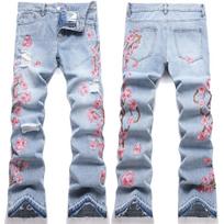 Cross Border Of Young Men's Micro Pull Denim Street Fashion Ins Blue Plum Blossom Embroidery Micro Pull Pants 28