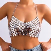 IngeSight.Z Sexy Plastic Sequins Neck Hanging Bikini Chest Body Chain Women Summer Bra Underwear Belly Chain Cage Festival Wear beige