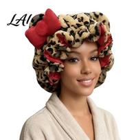 Hair Bonnet Leopard Print Sleeping Hat Bowknot 3D Cat Ear Decor Adjustable raudona