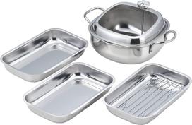 Tamahashi Square Deep Fryer and Preparation Tray Set, 20cm, IH and Gas Stove Compatible, with Thermometer, Stainless Steel, Tempura Pot, Made in gray