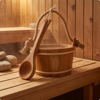 Sauna Pail and Ladle Set Round Shape Wooden Kit Rustic Design brown