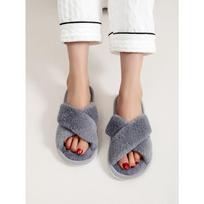 Cross Strap Women's Plush Slippers Open Toe Fuzzy Slippers Indoor Home Warm Cotton Slippers 36-37