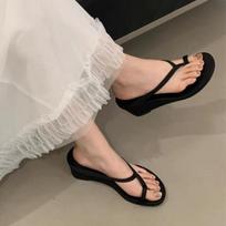Fashion Genuine  Toe Strap Clip on Flip Flops Women 2025 Summer New Style with Thick Heel and Small Wedge Heel Sandals Slippers 35 juoda