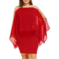 Womens Plus Size Ladder Cut Overlay Asymmetric Chiffon Strapless  Dress XXXXXL raudona