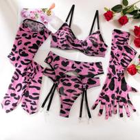 Women’s Sexy Leopard Print Lingerie Set, Push-Up Bra with Gloves and Thigh-High Stockings, Erotic Intimate Wear L