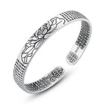 Vintage 925 Silver Amulet Buddha Lotus Baltic Buddhist Scriptures Thai Silver Cuff Bracelets & Bangles white
