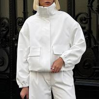 Loose casual thin work jacket, cross-border European and American high neck lantern sleeve jacket, simple style solid color zipper top S