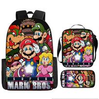 Cartoon Mario Print Kids Backpack Set of 3 for School, Large Capacity Casual Bookbag for Boys Girls
