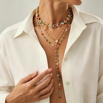 Gold Plated Colorful Zircon Layered Necklace, Vintage Cross Pendant Multilayer Choker Jewelry for Women Three-layer necklace set beige