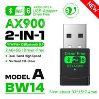 AX900 WIFI6 USB adapteris 2 IN 1 Bluetooth 5.4 dviejų dažnių 2.4G&5G 900Mbps WiFi 6 802.11AX mini belaidžio tinklo kortelės imtuvas, skirtas WIN 10/11 BW15
