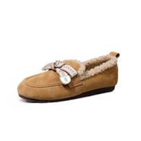 Women's Retro-style Flat-soled Soft-bottom One-piece Shoes with Fleece Lining 35 brown