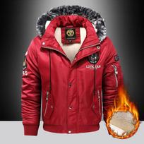 Men's LDNTNJEAN Classic Hooded Fleece-Lined Winter Coat with Detachable Fur Trim and Multiple Patches XL raudona