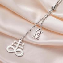 Dawapara Lucifer Sigil and Leviathan Cross Long Necklace Gothic Sweater Chain Religious Jewelry Stainless Steel Necklaces beige