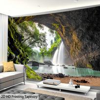 Cave Waterfall Tapestry Wall Hanging, Natural Rock Arch And Forest Stream Landscape, 2D Hd Printing Home Decor For Living Room 70x100cm28x39in