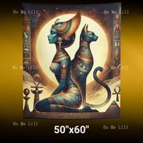 Dviguba Egipto Deivė Bastet Gobelenas Mistinė Katės Dievybė Sieninė Pakaba Senovės Menas Dvasinė Dekoro Apsauga Šventas Dizainas 74x94cm(29x37in) black