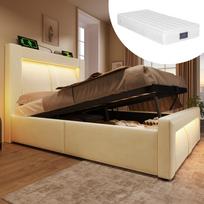 Single Bed 90x200 cm with Storage, Hydraulic Bed, LED Lighting with App Control, USB & Type-C Charging Ports, Velvet, Headboard, Beige, with Mattress 217 x 93 x 107 cm smėlis