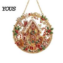 DIY Christmas Party Supplies Rhinestone Painting Suncatcher Kit, Round Hanging Decor Holiday Ornaments for Tree Home, Craft Pendant Decorative Plastic D beige