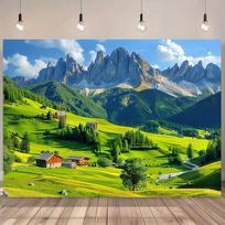 Šveicarijos kalnų kraštovaizdžio fonas - vešlios žalios pievos ir didingi kalnai, papuošti poliesterio audiniu 70.9x43.3inch/180*110cm blue