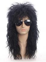 Men 80s Rock Style Gold Long Curly Heavy Metal Punk Style Synthetic Fibre Mullet Wig Halloween Rock Rockstar Cosplay Accessories black