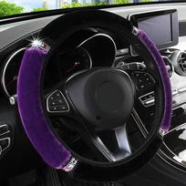 Automobilio vairo užvalkalas iš trumpo pliušo be vidinio žiedo, inkrustuotas ilgais deimantais, su elastine juosta, vairo rankena, šiltas vairo užvalkalas violetinė