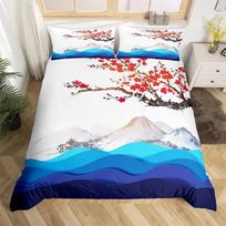 Ink Painting Duvet Cover Japanese Style Mount Fuji Comforter Cover Red Cherry Blossoms Print Bedding Set For Adults Teens Girls EU Single(135x200cm) white
