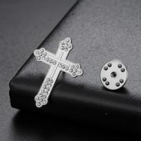 LIKGREAT Luxury Corrosion Carved Cross Brooch Steel Gold Color Tone Rhinestone Inlaid Religious Suit Pin Fashion Jewelry Gift gray