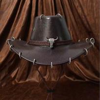 Vintage Faux Leather Western Cowboy Hat Adjustable Pu Leather Travel Men Women Fashion Cowgirl Bullhead Badge Outdoor Jazz Hats One Size black