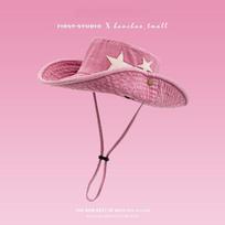 1pc Punk Star Wide Brim Cowboy Hat for Women Girl Summer Sunscreen Fordable Sunshade Fisherman Cap Outdoor Camping Climbing Hats One Size rožinė raudona spalva