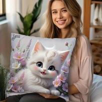Cute White Kitten Pillowcase, Floral Cat Cushion Cover, Pastel Animal Art, Soft Home Decor for Bedroom Sofa Living Room 30X30CM white