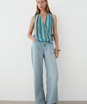 Masimodutti Striped Linen Cross Top Turquoise Blue/M (Kr 55-66) gray