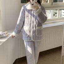 Woody coral fleece sweet wind three-layer cotton-padded pajamas women's winter embroidered flannel thermal loungewear set M gray