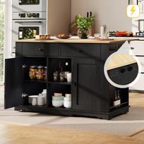 Kitchen island, kitchen cart with socket strip, kitchen cabinet, serving cart with worktop, buffet cabinet, dining cart with wood grain, black 151.5 x 59.7 x 91.7 cm