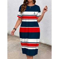 Women's nautical style striped print crew neck loose short sleeve dress S red