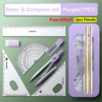 7pcs/ Set Math Geometry Ruler Multifunctional Drawing Tools for Students School Supplies Durable Engineering Design Stationery white