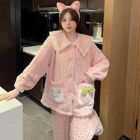 Winter Women's Warm Pajama Set Coral Fleece Sleepwear Flannel Thick Cartoon Pajamas Oversized Home Clothes Pyjama S rožinė