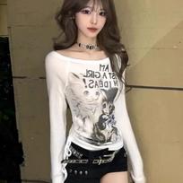 Girls Y2K Tops Long Sleeve T-shirts Cartoon Printed Cute Tees For Women's Tees XL white
