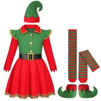 Mergaitėms Vaikams Kalėdų Senelis Kalėdų Elfas Raudona Suknelė Kojinės Kepurė Rinkiniai Vaikams Kalėdos Naujieji Metai Cosplay Kostiumai Pasirodymas Vaidmenų Žaidimas Apranga S raudona