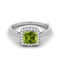 1,49 karato pagalvėlės formos peridotas 925 svarų sterlingų sidabro vieno akmens Halo moteriškas sužadėtuvių žiedas 6 balta
