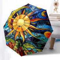 1pc Stained Glass Sun Design Automatic Opening Folding Umbrella with 8-Bone Iron Frame - Portable Outdoor Umbrella for Fans, Travelers, Daily Use, and