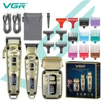 Originalus VGR V-642 3-in-1 Metalinis Retro Graviruotas Plaukų Kirpimo Mašinėlės Rinkinys Vyrams, Giliai Valantis, Išmanusis LED Skaitmeninis Ekranas, Elektrinis Trimeris & Vandeniui Atsparus Skustuvas Three-in-One Set gray