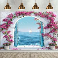 A vibrant Hawaiian beach background with blue framed doors and pink flowers. (as the picture,100x150cm)