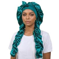 Non-Slip Design Sleep Bonnet Long Curling Ribbons Curling Bonnet Satin Bonnet  For Long Hair žalia