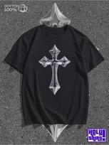 Y2K Summer Cross Print T-shirt XL gray