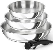 MICHELANGELO Stainless Steel Frying Pan Detachable Induction Compatible 20cm 24cm 28cm 4-Piece Set, Handle, Triple-Layer Base, – & & gray