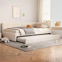 Sofa-lova 90x200cm, dienos lova su ištraukiama lova, miegamoji sofa, viengulė lova (be čiužinio), minimalistinis stilius, smėlio spalvos 210 x 97 x 71 cm smėlis