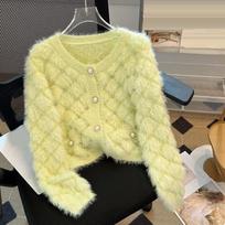 Cropped Sweaters Tops Knit Mink Fleece Sweater Women Knitwear Jacket Spring Autumn Cardigans Fluffy Soft Cardigan Coat Female XS žalia