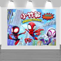Cartoon Spider-Man and his amazing friends Photography Backdrop Custom Name Children's Birthday Party Decoration Background Prop 47.2x31.5inch/120*80cm blue