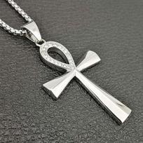 Egypt Iced Out Bling Ankh Cross Pendant Necklace For Women And Men Key of Life Stainless Steel Egyptian Jewelry Dropshipping 60cm black