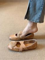 Leather soft-soled flower ballet cross-strap Mary Jane shoes women's retro temperament commuter flat shoes 35